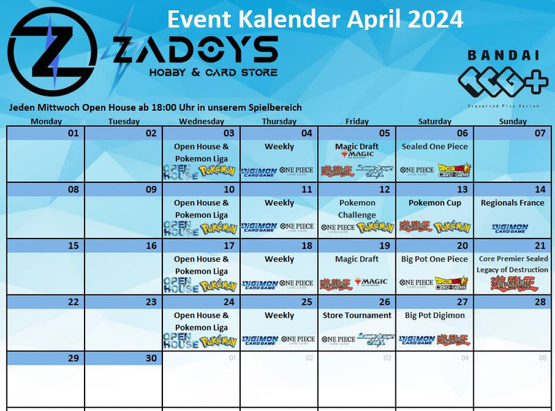 Events & Turniere im April bei Zadoys (Pokemon, Magic, Yugioh, Dragon Ball Super, Digimon One Piece & Battle Spirits Saga)