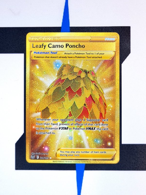 gold leafy camo poncho pokemon card 214/195- Silver Tempest - Full Art Listed cards may have imperfections. Leafy Camo Poncho Secret Rare